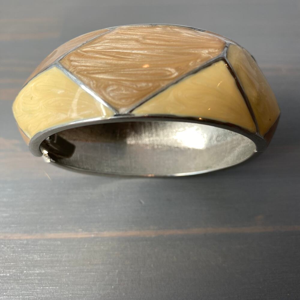 Chunky Enamel Statement Bangle Tan Yellow Coloblock Geometric Hinged Bracelet